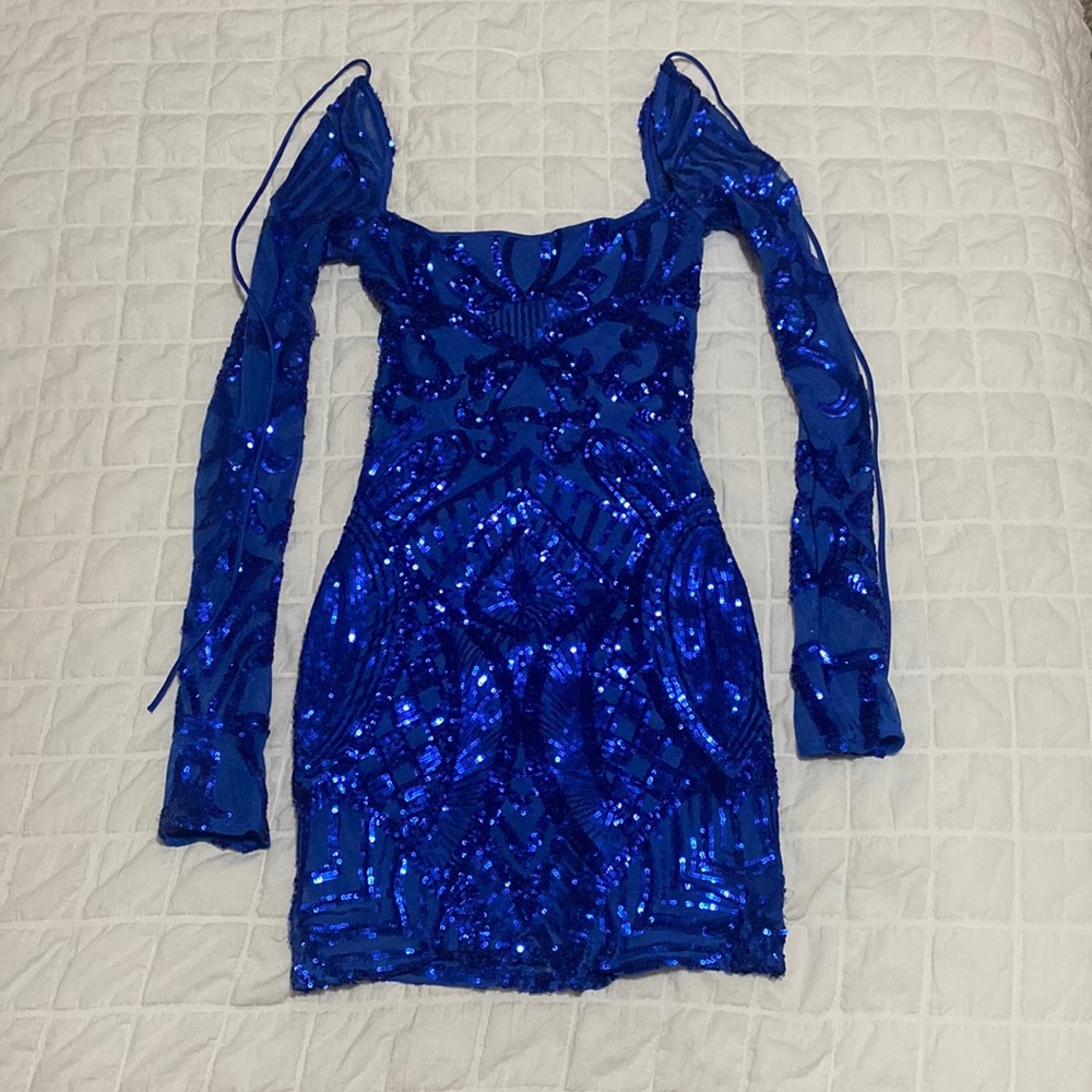 Giulia Sparkling Square Neck Dress in Royal Blue Sequins